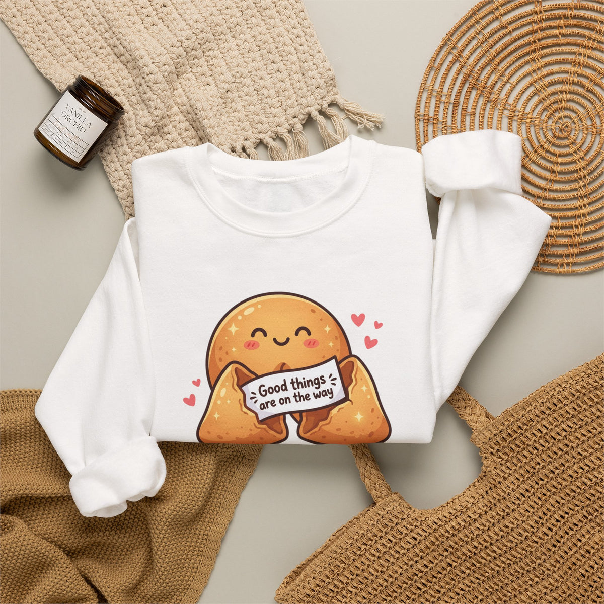 Crewneck Sweatshirt — Cute Fortune Cookie Graphic “Good Things Are On The Way”