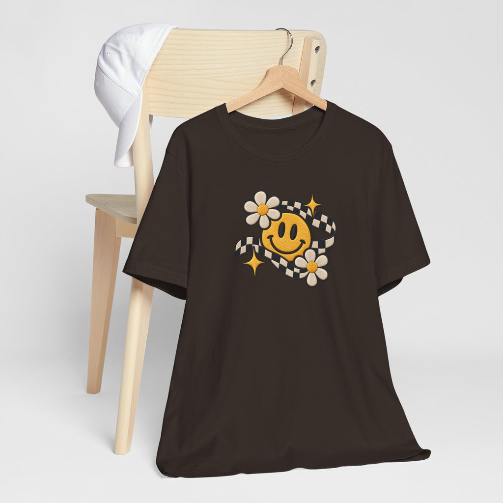 Smiley Flower Checkerboard Tee — Retro Happy Face Graphic T-Shirt