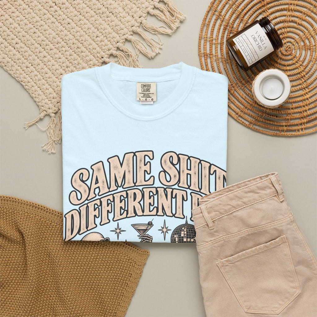 Same Shit Different Day Tee — Retro Skeleton Disco Graphic T-Shirt