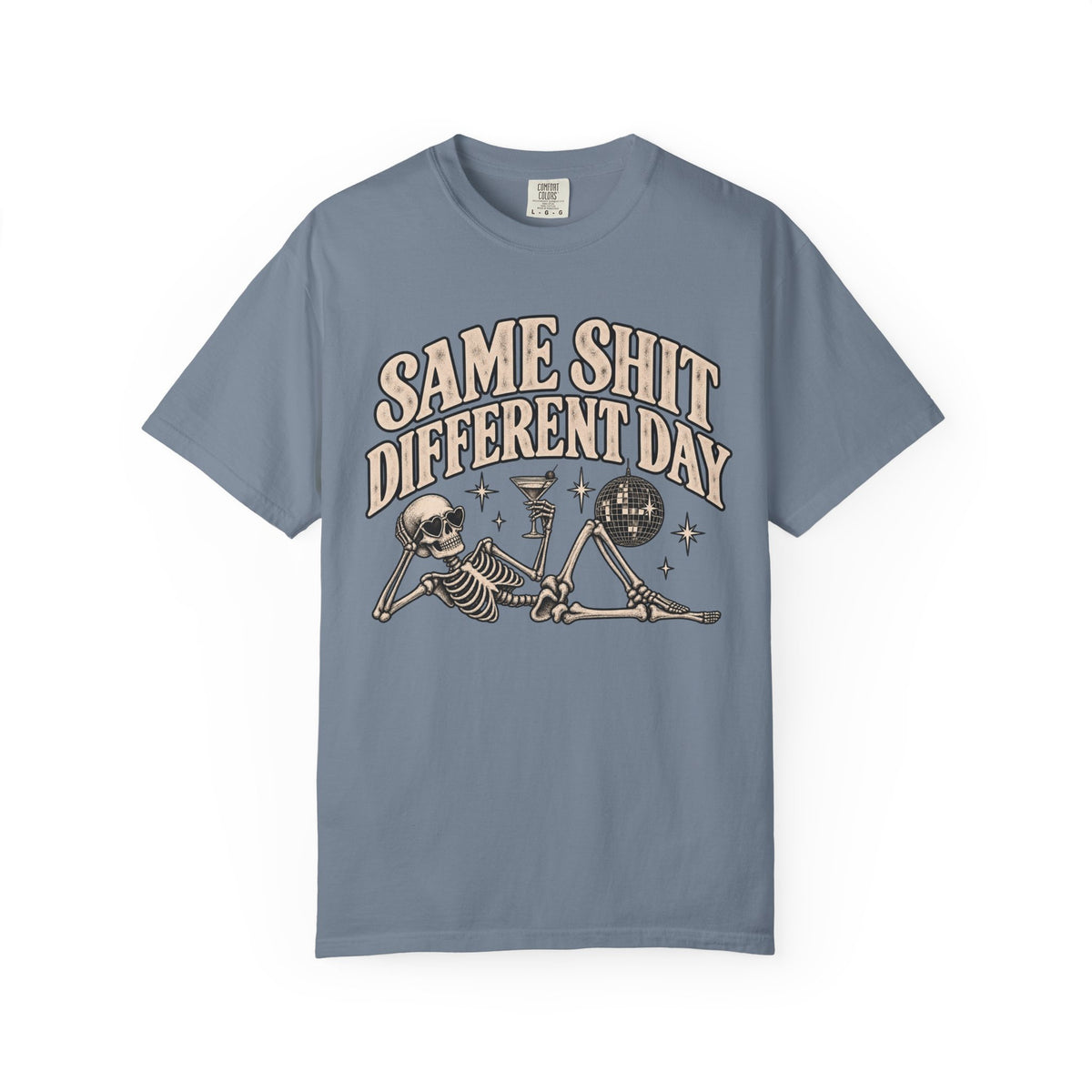 Same Shit Different Day Tee — Retro Skeleton Disco Graphic T-Shirt