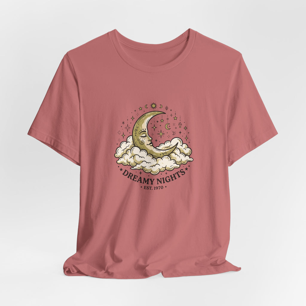 Dreamy Nights Moon Tee — Vintage Crescent Moon & Clouds Shirt