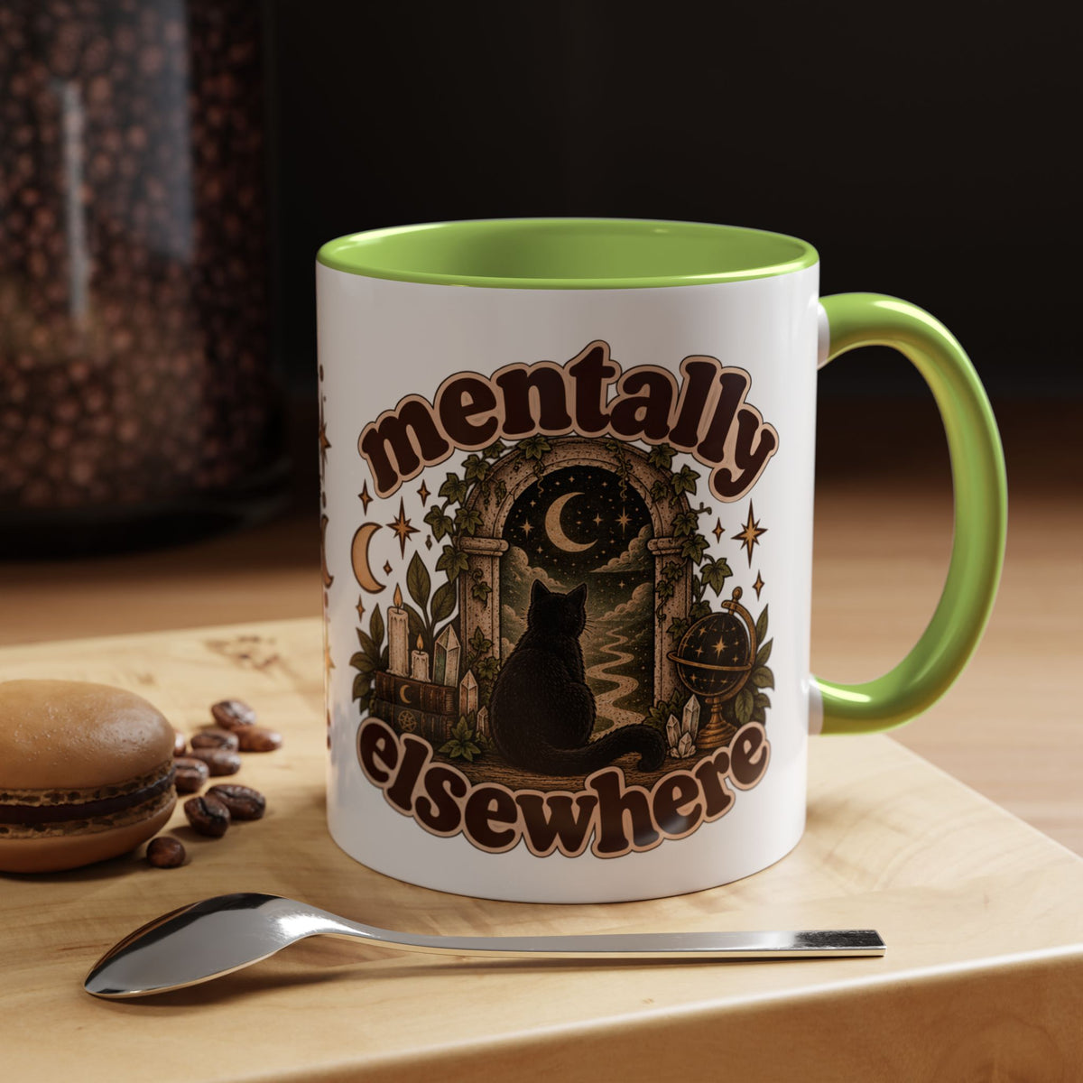 Mentally Elsewhere Mug — Black Cat Celestial Ceramic Coffee Mug