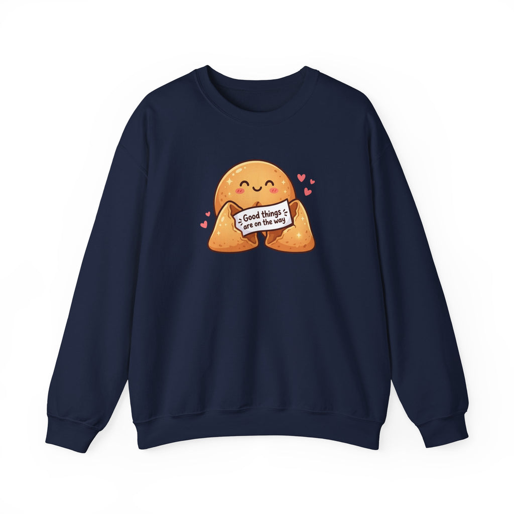 Crewneck Sweatshirt — Cute Fortune Cookie Graphic “Good Things Are On The Way”