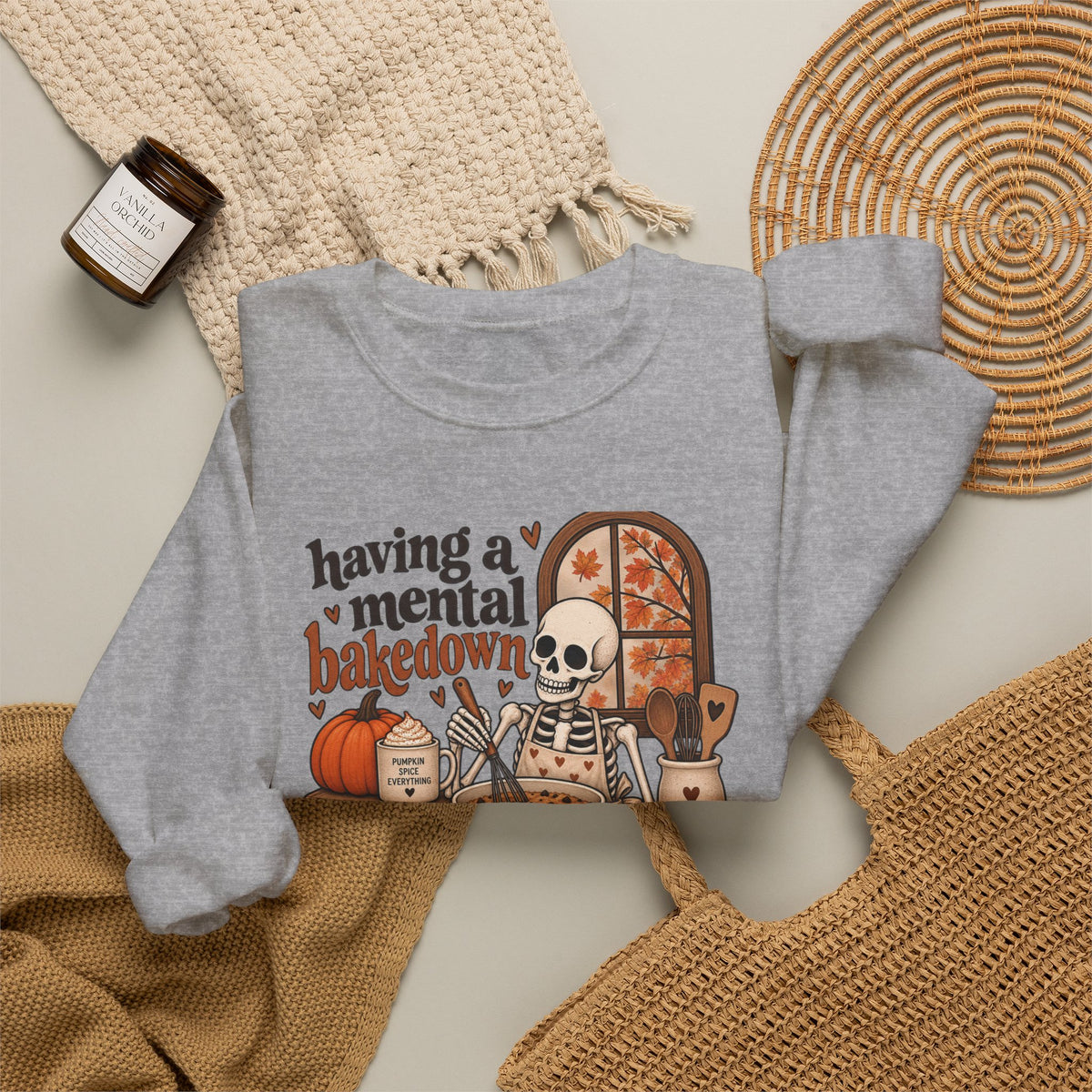 Fall Baking Skeleton Sweatshirt – “Having a Mental Bakedown” Cozy Halloween Crewneck