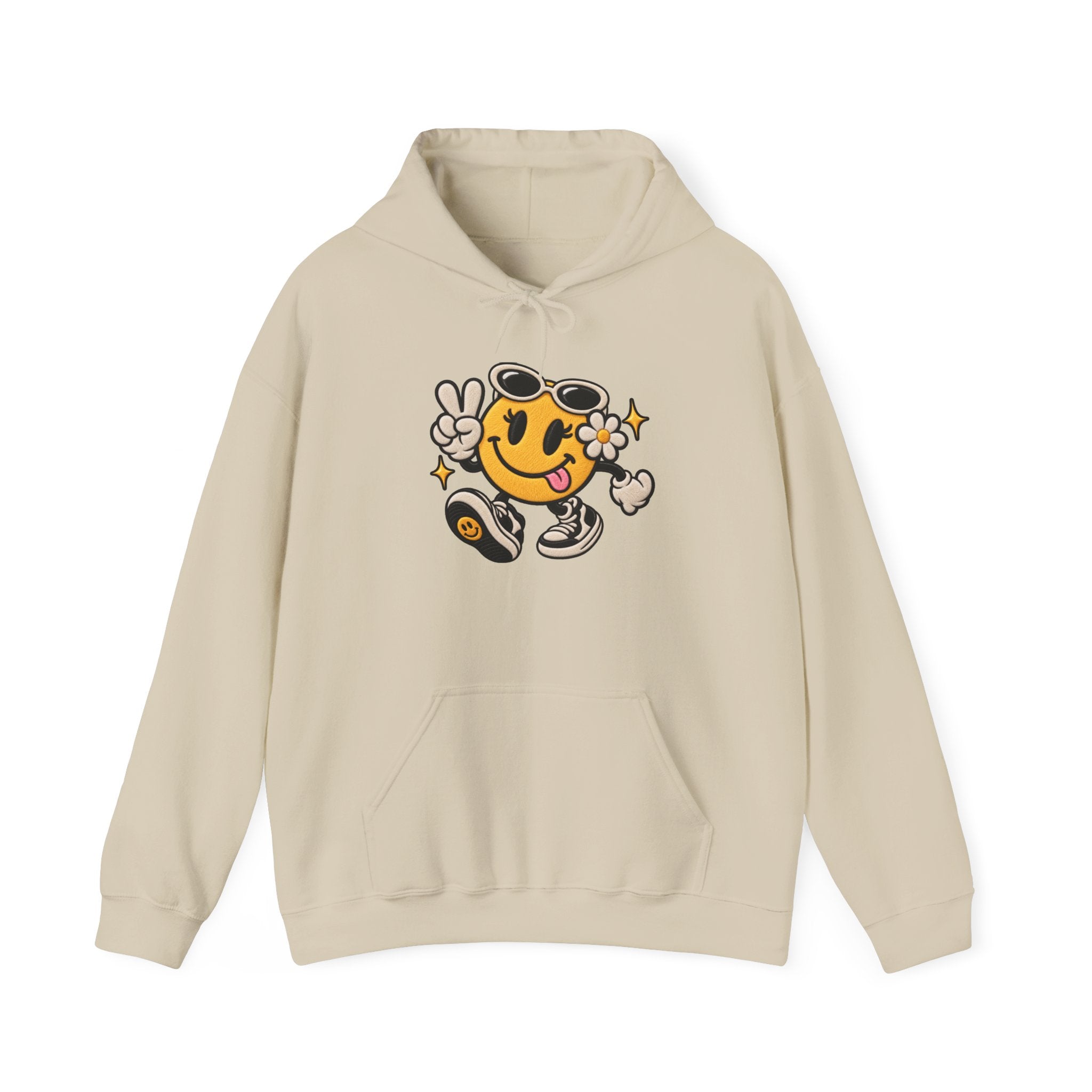 Smiley Peace Vibes Hoodie – Retro Dancing Smiley with Sunglasses