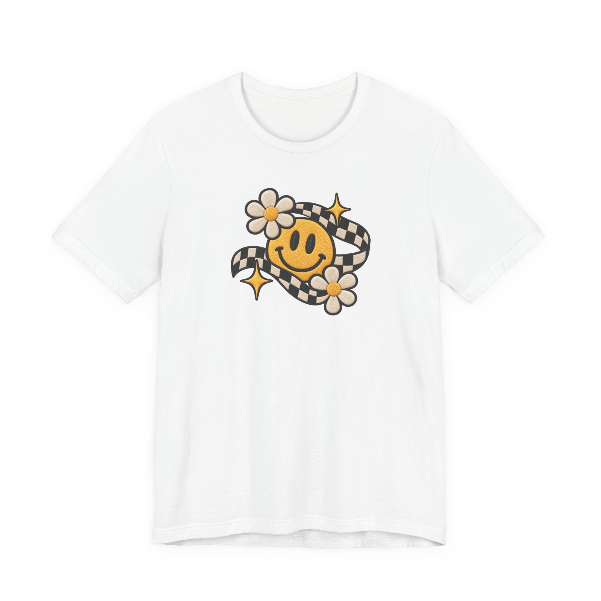 Smiley Flower Checkerboard Tee — Retro Happy Face Graphic T-Shirt