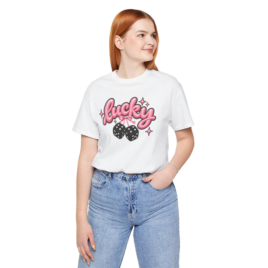 Lucky Dice Tee — Pink Retro "Lucky" Graphic T-Shirt