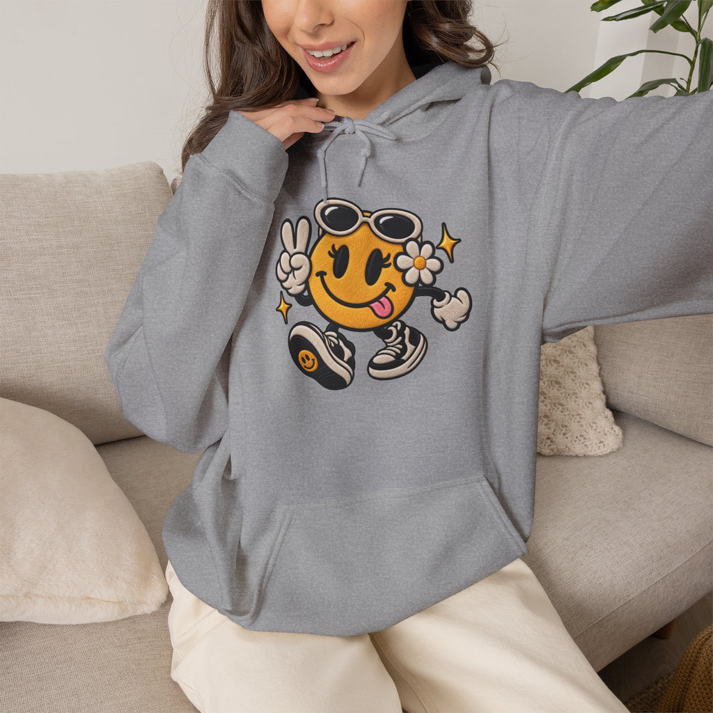 Smiley Peace Vibes Hoodie – Retro Dancing Smiley with Sunglasses
