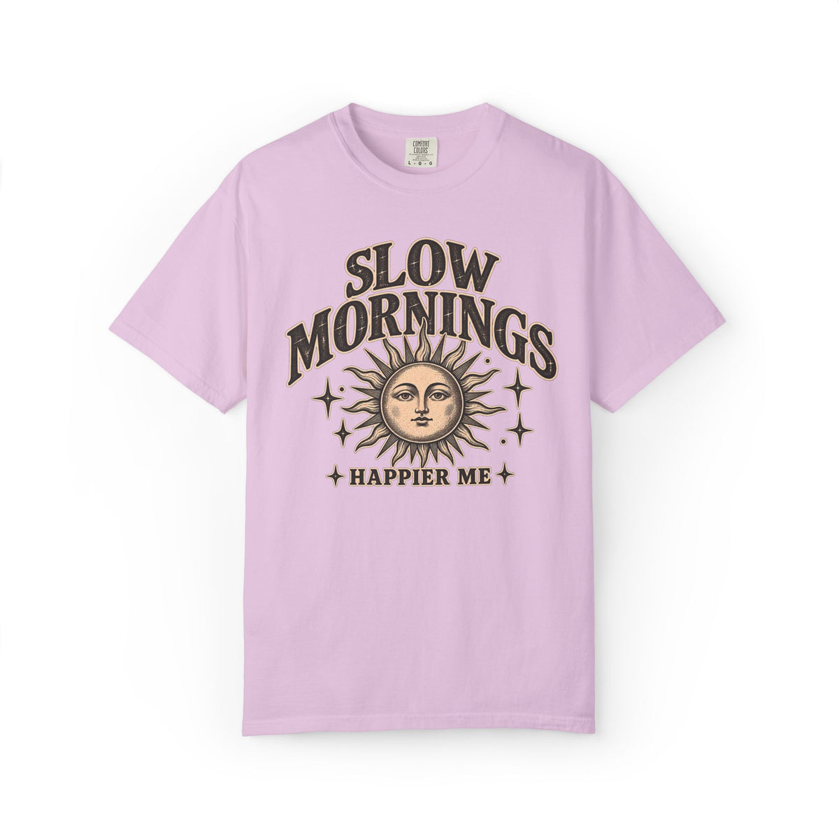 Slow Mornings Tee — Retro Sunrise Garment-Dyed Graphic T-Shirt