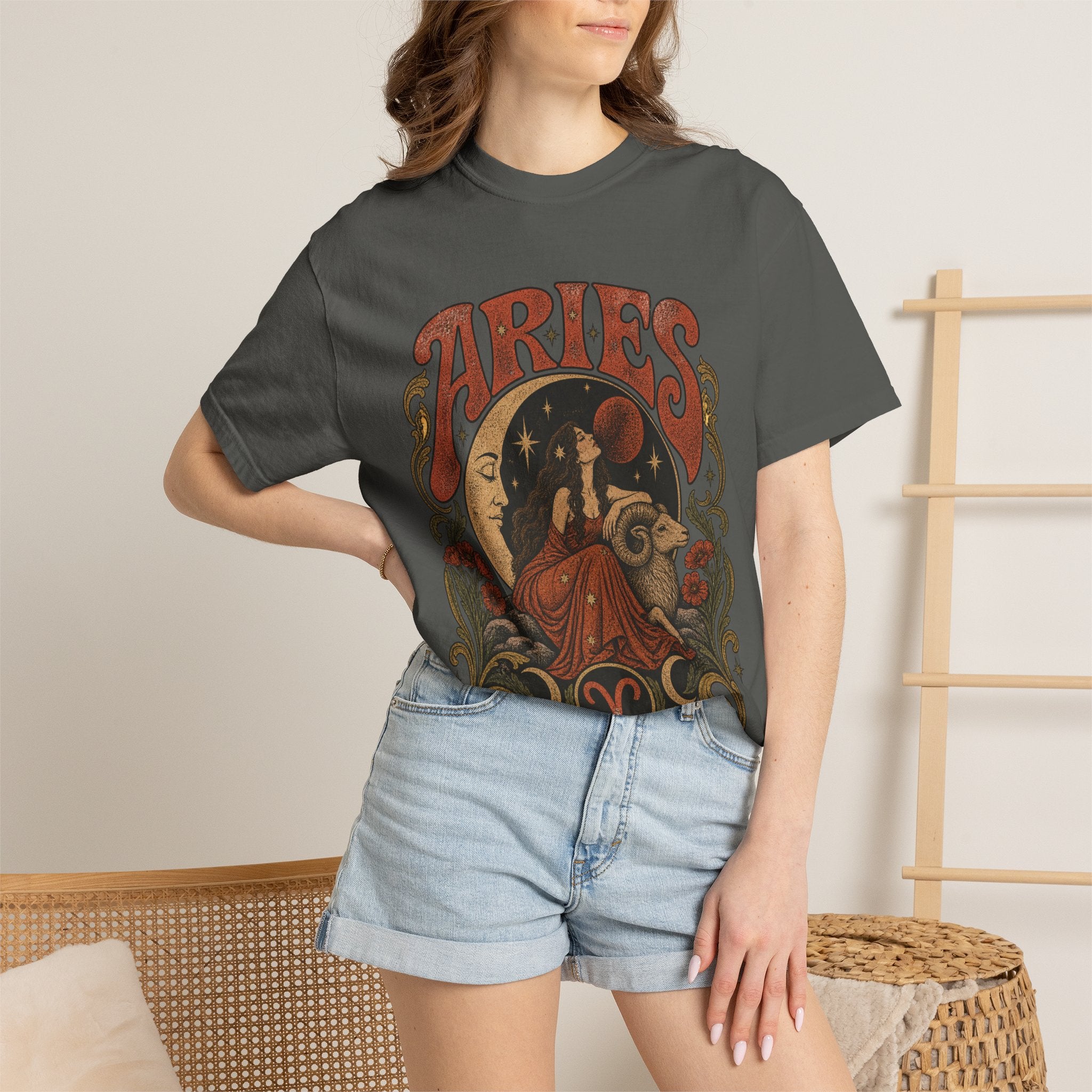 Aries Zodiac T‑Shirt — Vintage Moon & Ram Astrology Tee