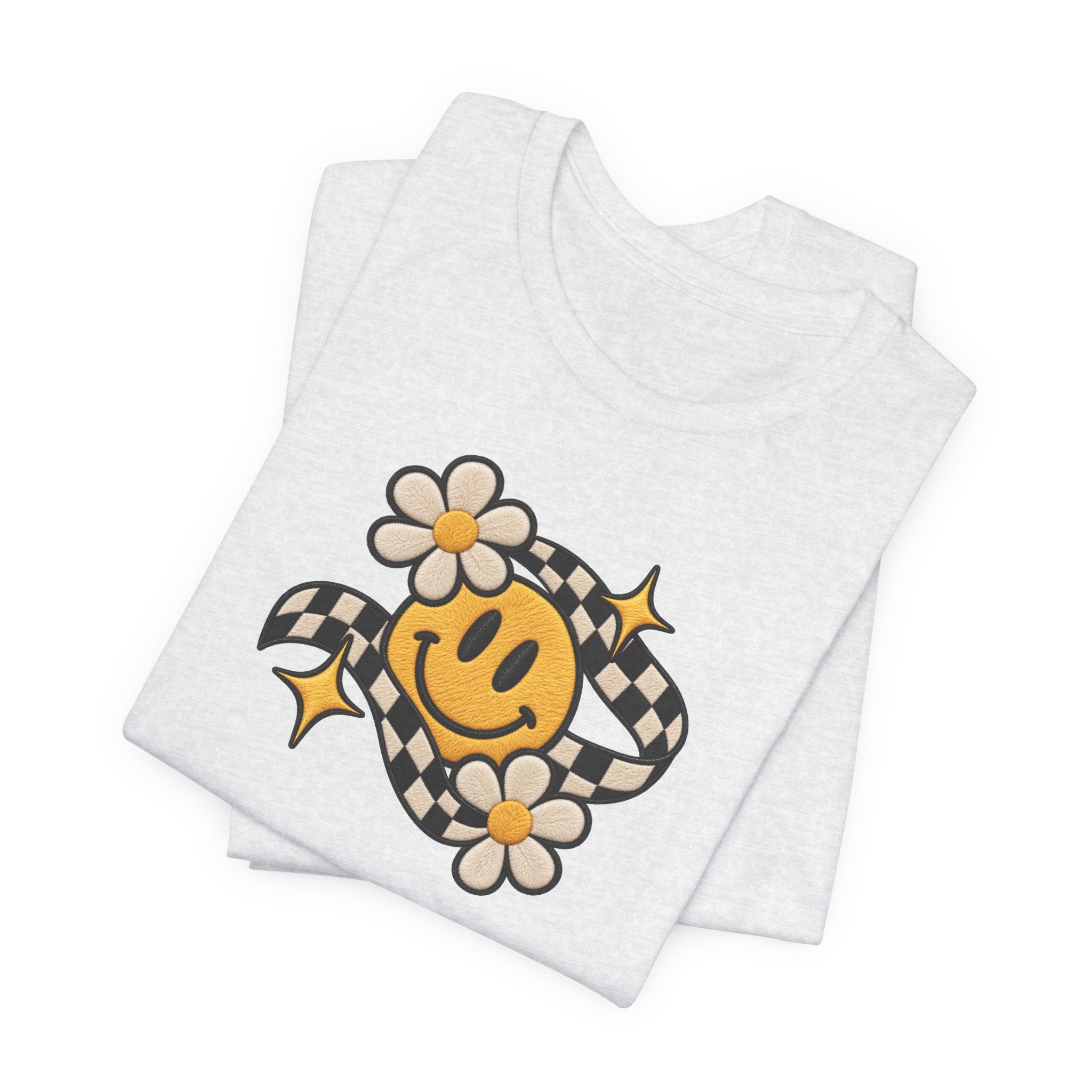 Smiley Flower Checkerboard Tee — Retro Happy Face Graphic T-Shirt