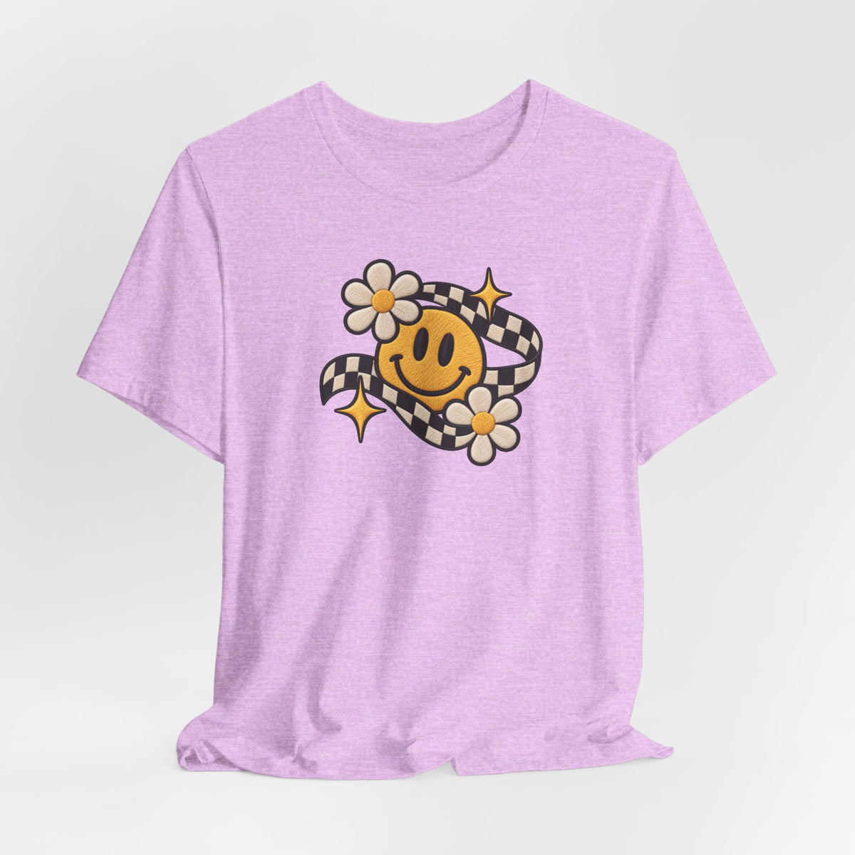 Smiley Flower Checkerboard Tee — Retro Happy Face Graphic T-Shirt