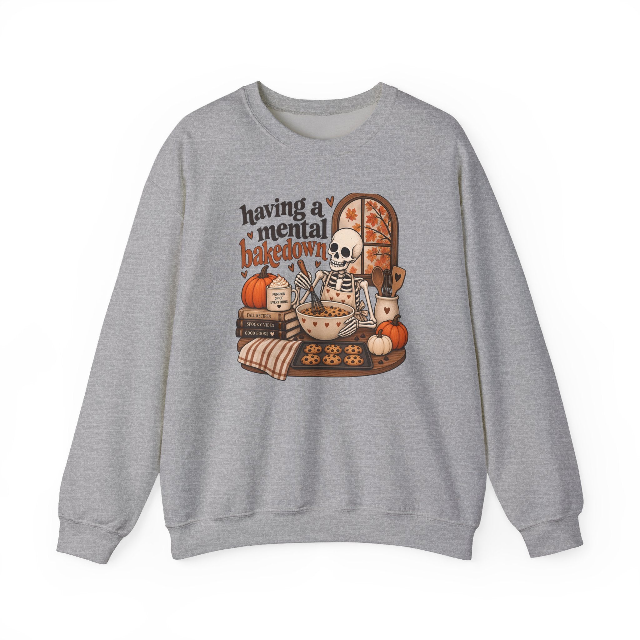 Fall Baking Skeleton Sweatshirt – “Having a Mental Bakedown” Cozy Halloween Crewneck