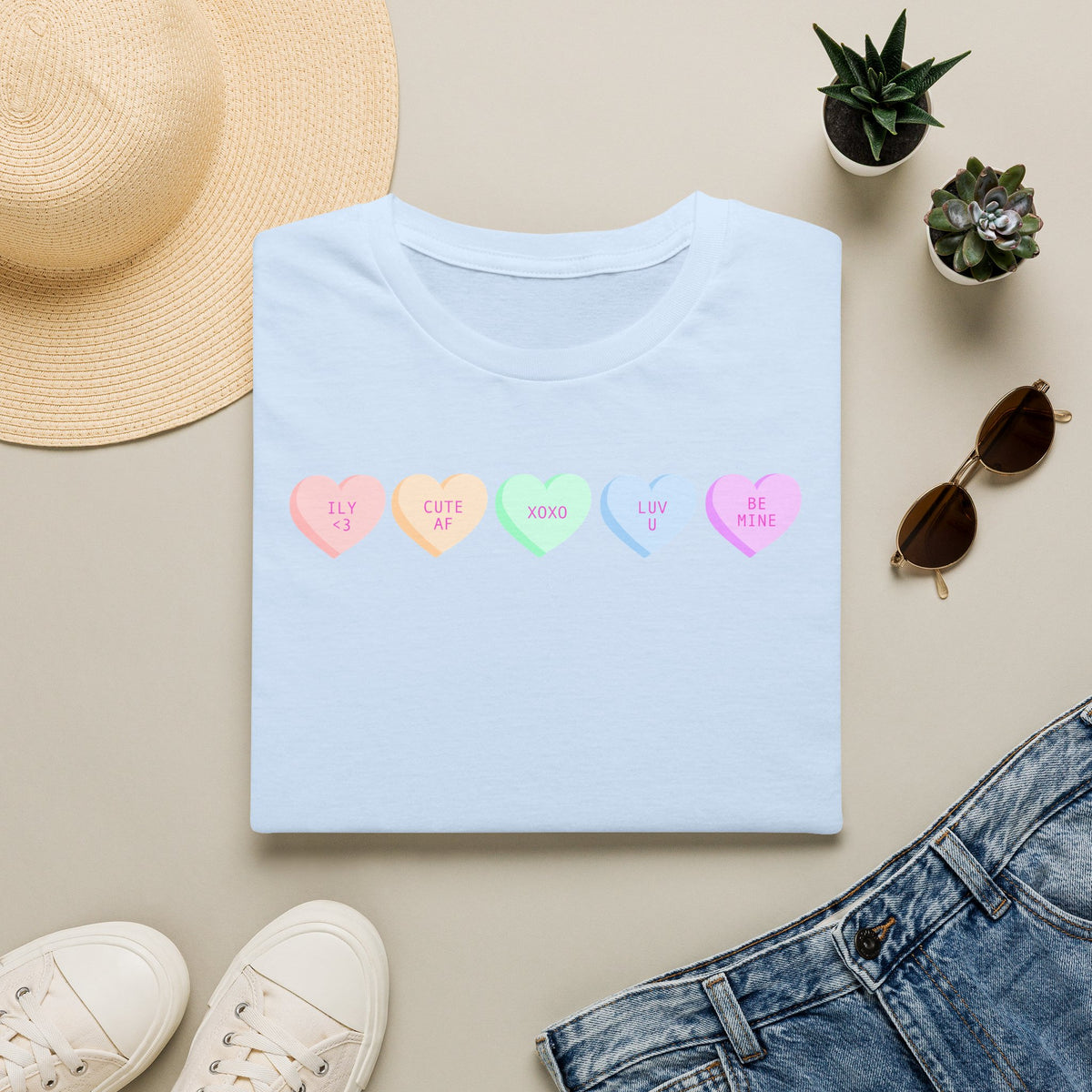 Conversation Heart Candy T-Shirt — Pastel ‘Be Mine, Cute AF, XOXO, Luv U’ Graphic