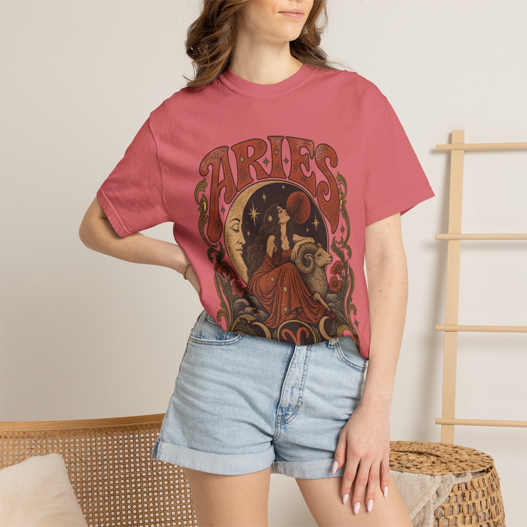 Aries Zodiac T‑Shirt — Vintage Moon & Ram Astrology Tee