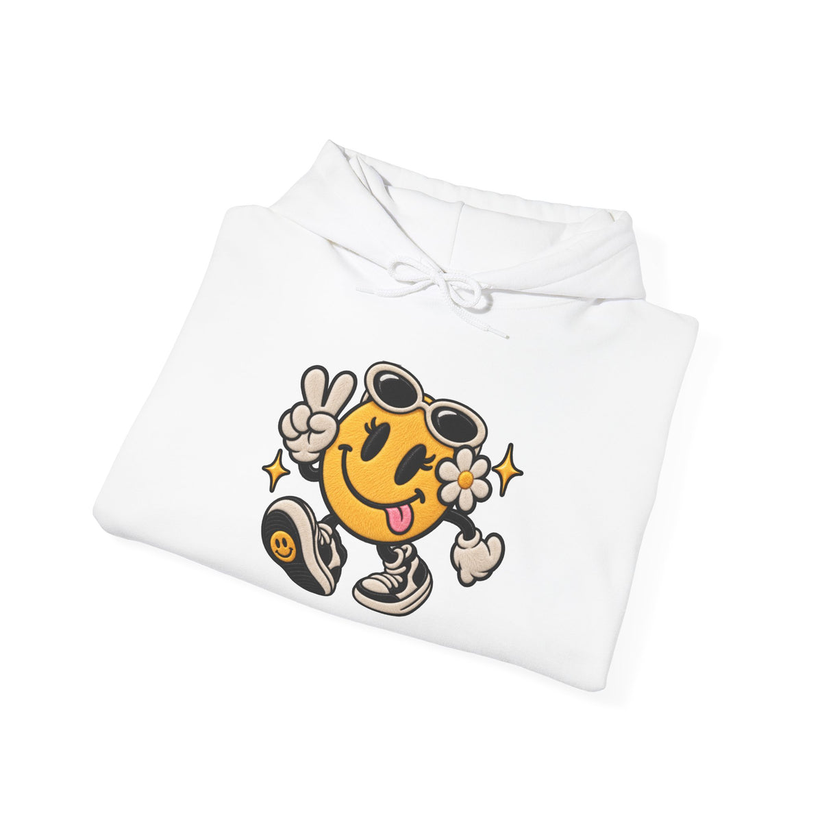Smiley Peace Vibes Hoodie – Retro Dancing Smiley with Sunglasses