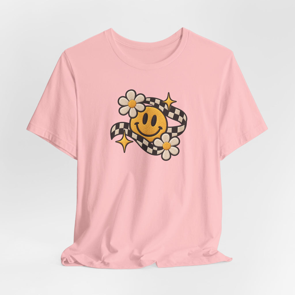 Smiley Flower Checkerboard Tee — Retro Happy Face Graphic T-Shirt