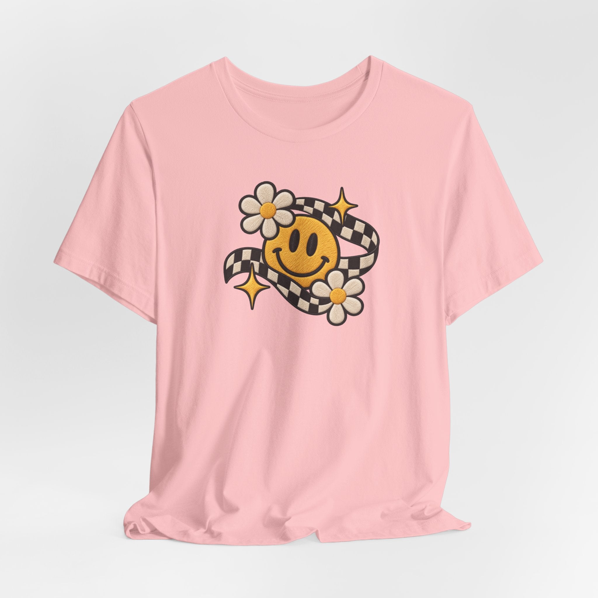 Smiley Flower Checkerboard Tee — Retro Happy Face Graphic T-Shirt
