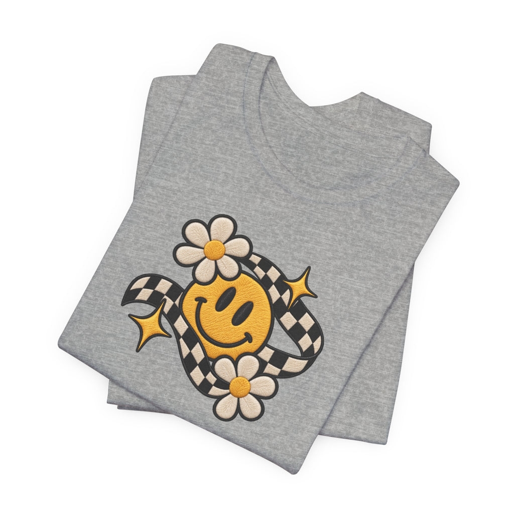 Smiley Flower Checkerboard Tee — Retro Happy Face Graphic T-Shirt