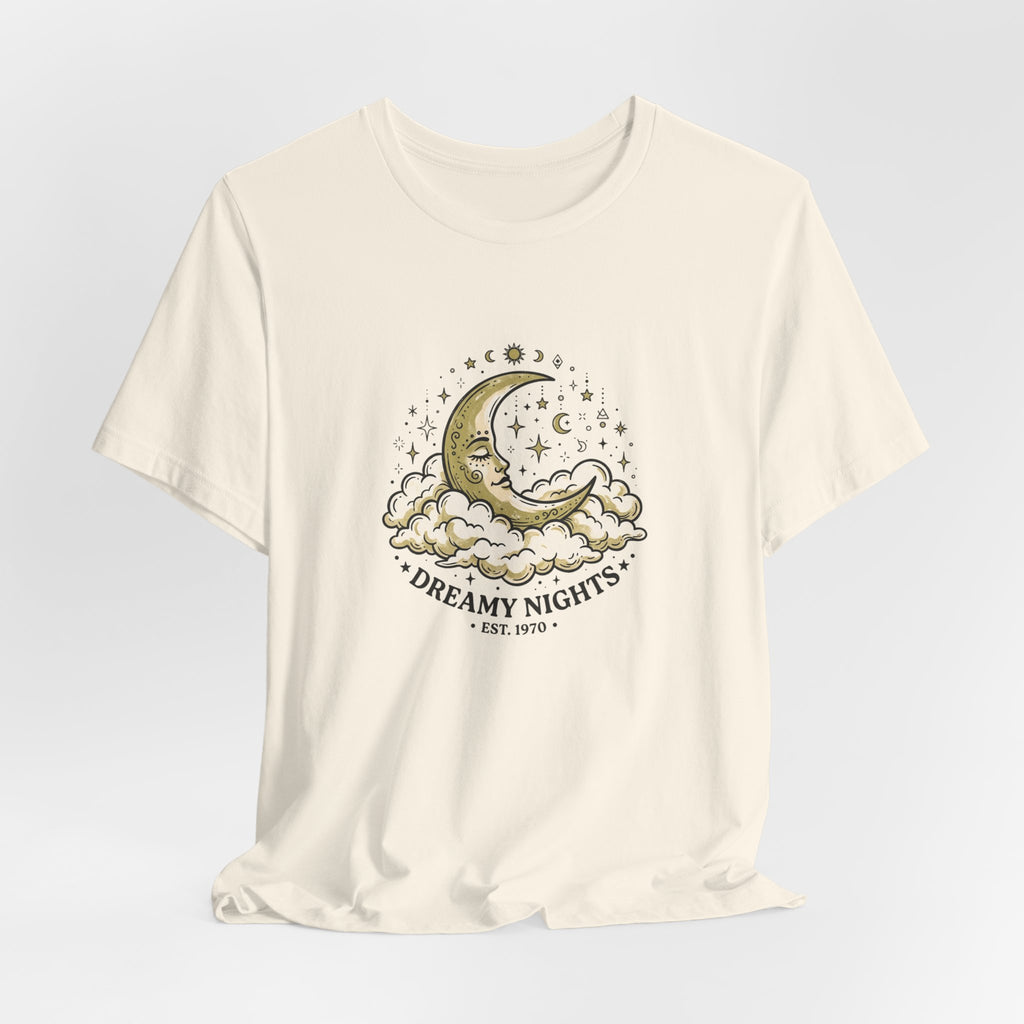 Dreamy Nights Moon Tee — Vintage Crescent Moon & Clouds Shirt