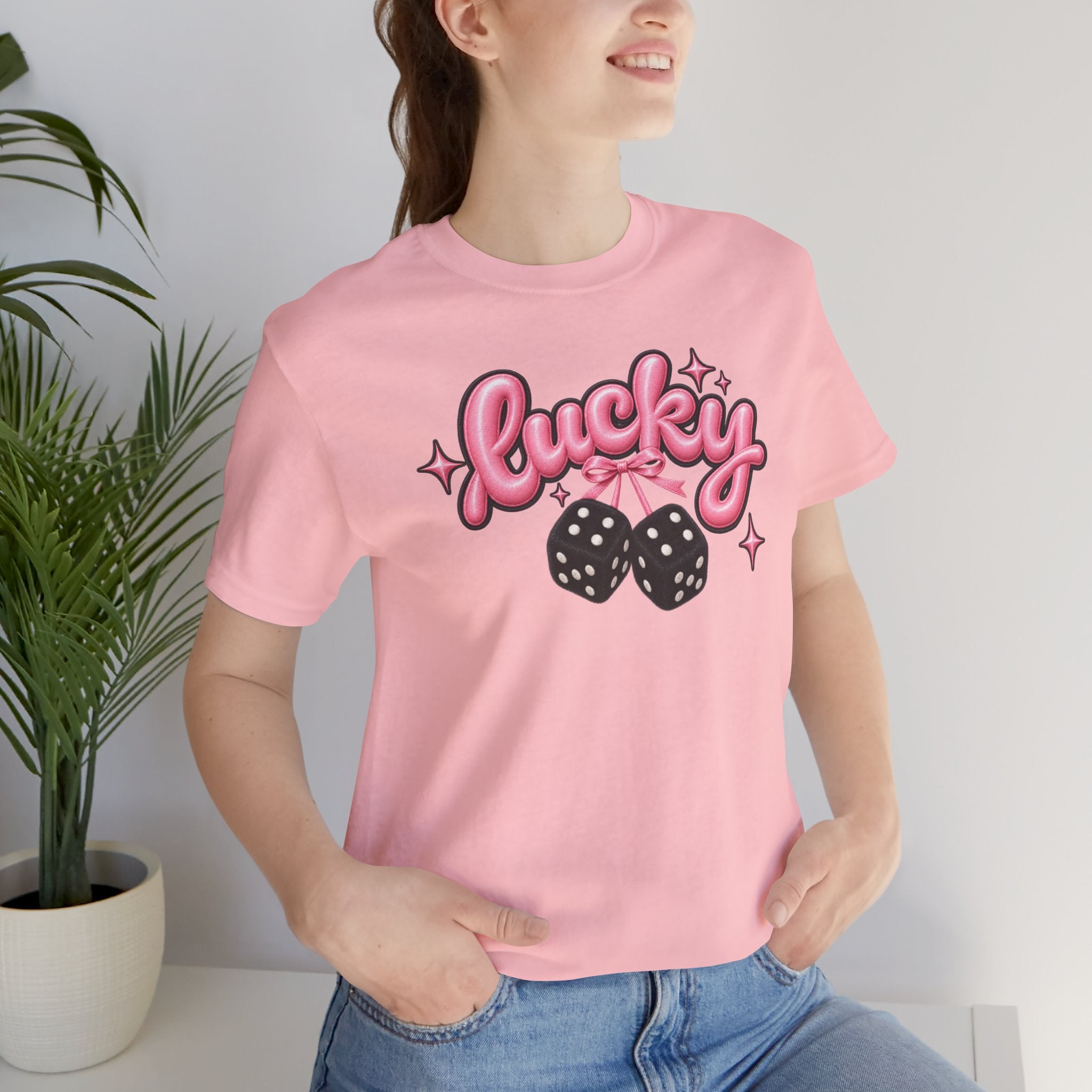 Lucky Dice Tee — Pink Retro "Lucky" Graphic T-Shirt