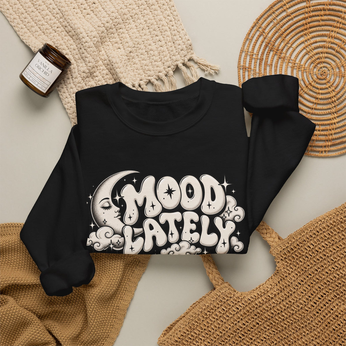 Crewneck Sweatshirt — 'Mood Lately' Retro Moon Graphic
