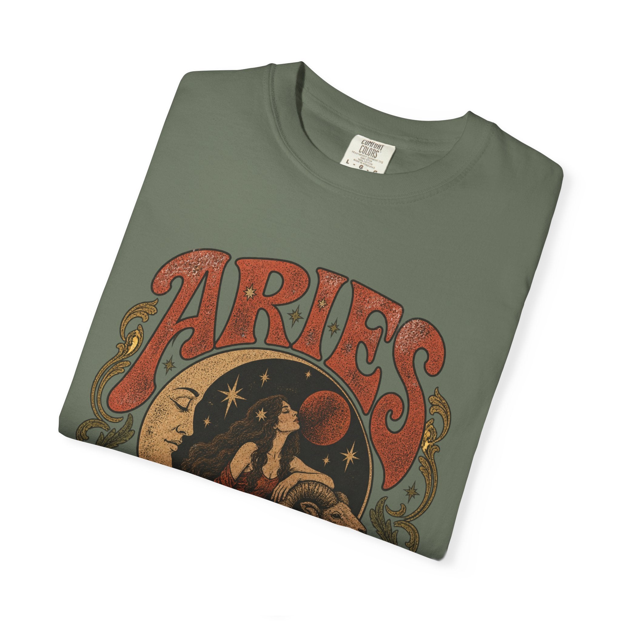 Aries Zodiac T‑Shirt — Vintage Moon & Ram Astrology Tee