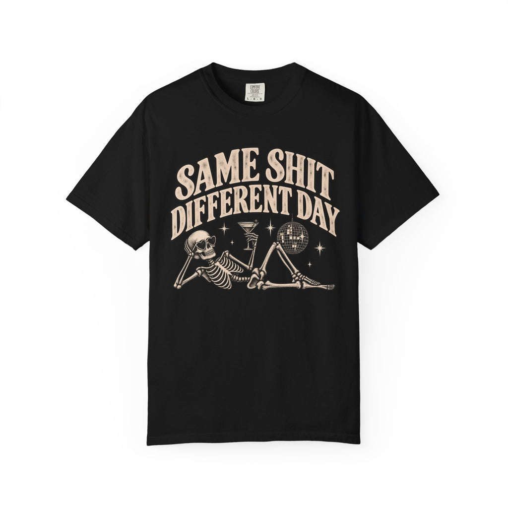 Same Shit Different Day Tee — Retro Skeleton Disco Graphic T-Shirt