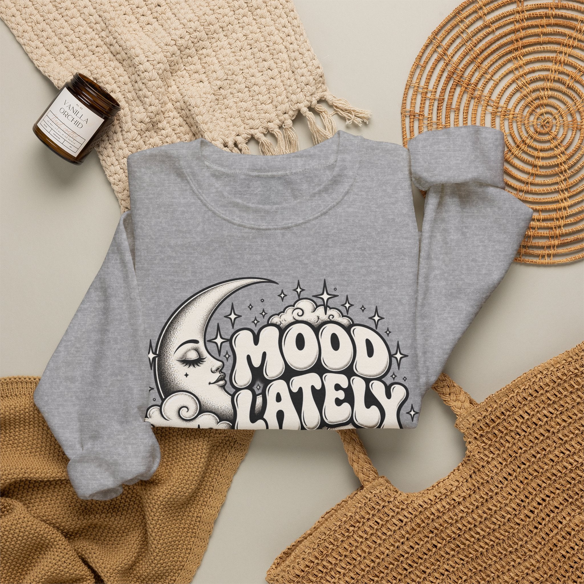 Mood Lately Crewneck Sweatshirt — Retro Moon & Cloud Graphic